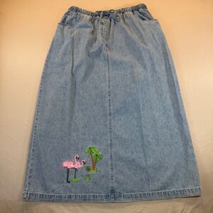 Quacker‎ Factory Denim Maxi Skirt VTG Flamingo Plus 1X Coastal Grandma Kitschy